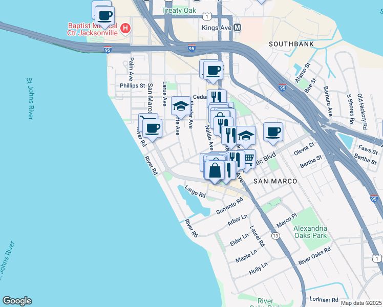 map of restaurants, bars, coffee shops, grocery stores, and more near 1222 Landon Avenue in Jacksonville