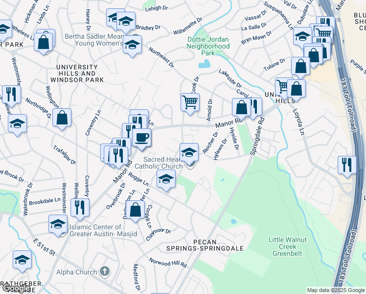 map of restaurants, bars, coffee shops, grocery stores, and more near 6102 Reicher Drive in Austin