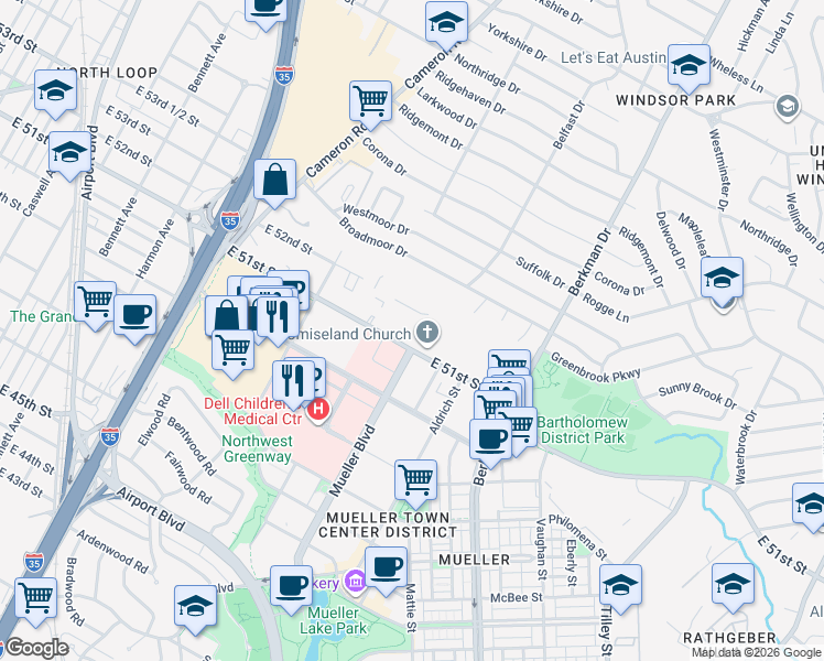 map of restaurants, bars, coffee shops, grocery stores, and more near in Austin