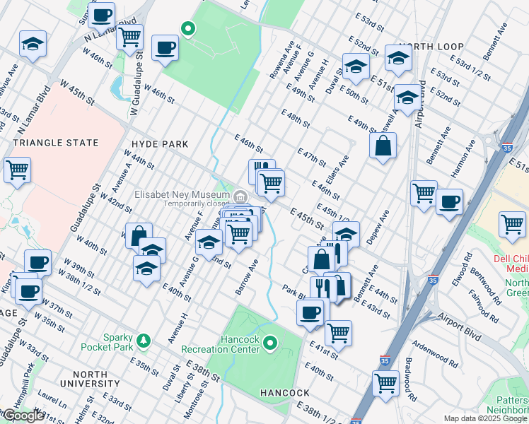 map of restaurants, bars, coffee shops, grocery stores, and more near in Austin
