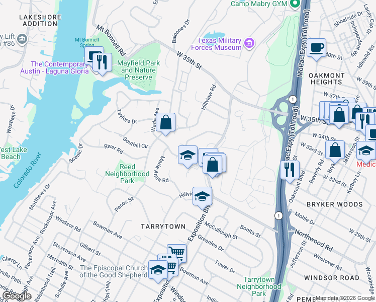 map of restaurants, bars, coffee shops, grocery stores, and more near 2801 Northwood Road in Austin