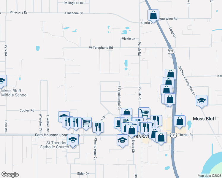 map of restaurants, bars, coffee shops, grocery stores, and more near 215 Senator Lane in Lake Charles