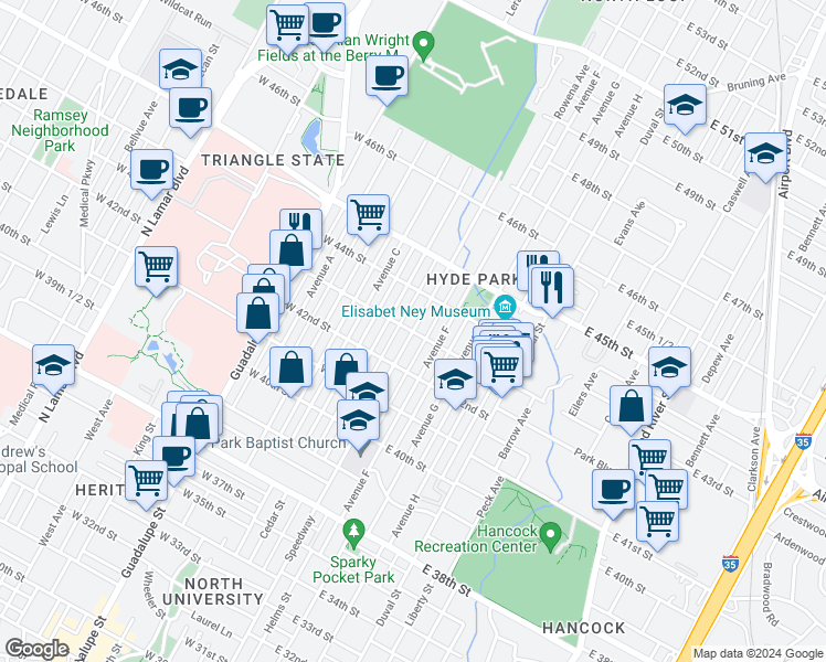 map of restaurants, bars, coffee shops, grocery stores, and more near Speedway & E 43rd St in Austin