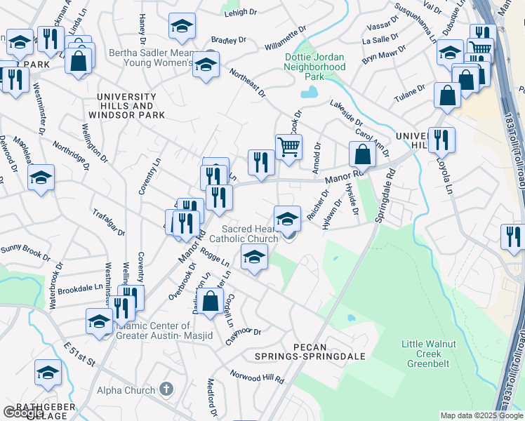 map of restaurants, bars, coffee shops, grocery stores, and more near 3011 Maplelawn Circle in Austin