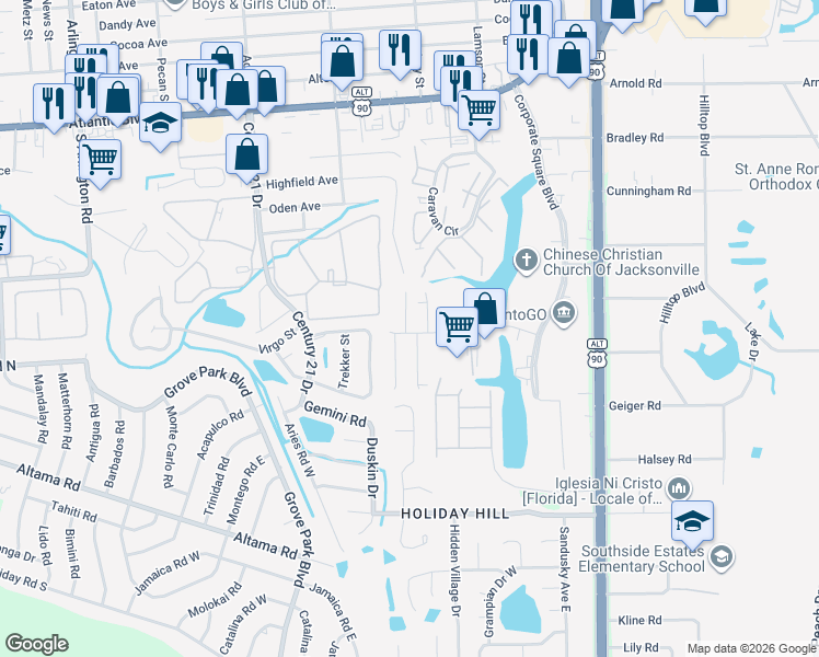 map of restaurants, bars, coffee shops, grocery stores, and more near 8810 Corporate Square Ct in Jacksonville