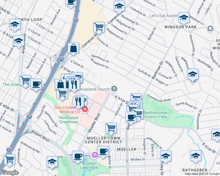 map of restaurants, bars, coffee shops, grocery stores, and more near in Austin