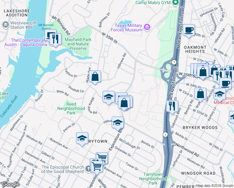 map of restaurants, bars, coffee shops, grocery stores, and more near 2704 Mountain Laurel Drive in Austin