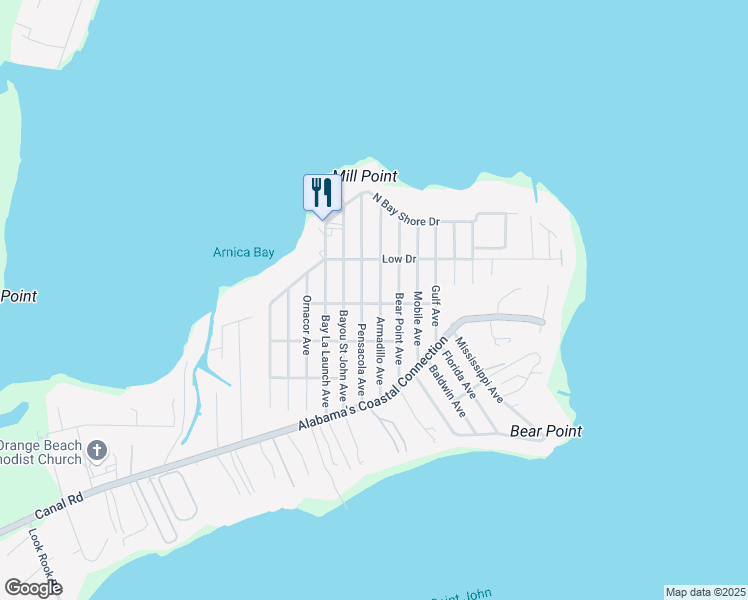 map of restaurants, bars, coffee shops, grocery stores, and more near 5553 Armadillo Avenue in Orange Beach