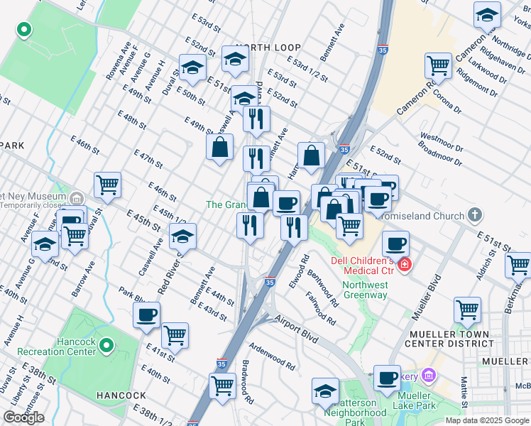 map of restaurants, bars, coffee shops, grocery stores, and more near 4707 Harmon Avenue in Austin