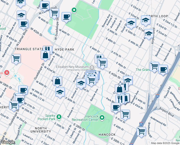 map of restaurants, bars, coffee shops, grocery stores, and more near 304 East 44th Street in Austin