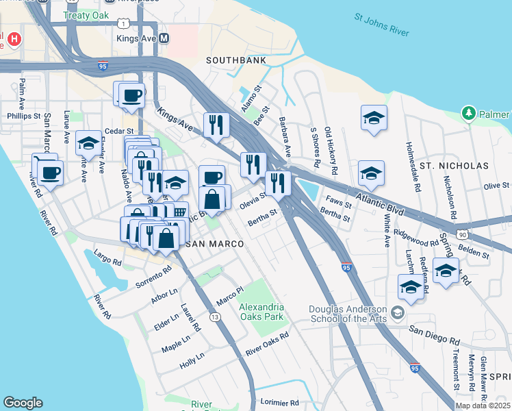 map of restaurants, bars, coffee shops, grocery stores, and more near 1900 Olevia Street in Jacksonville