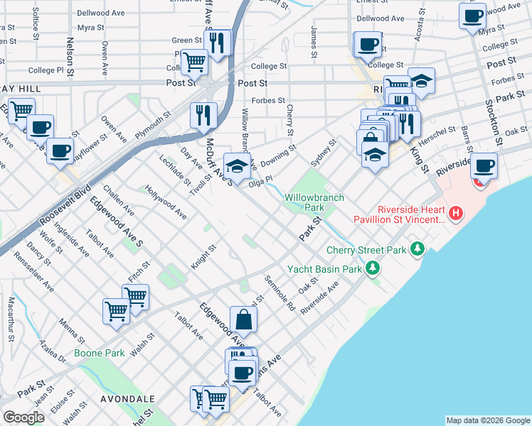 map of restaurants, bars, coffee shops, grocery stores, and more near 1260 McDuff Avenue South in Jacksonville