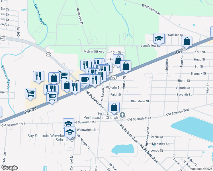 map of restaurants, bars, coffee shops, grocery stores, and more near 2200-2298 Ladner Street in Waveland