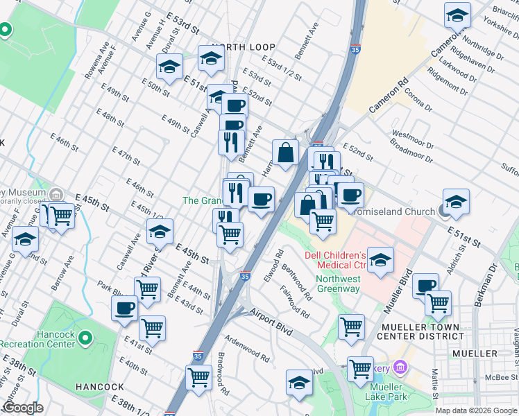 map of restaurants, bars, coffee shops, grocery stores, and more near 1800 North Interstate 35 Frontage Road in Austin
