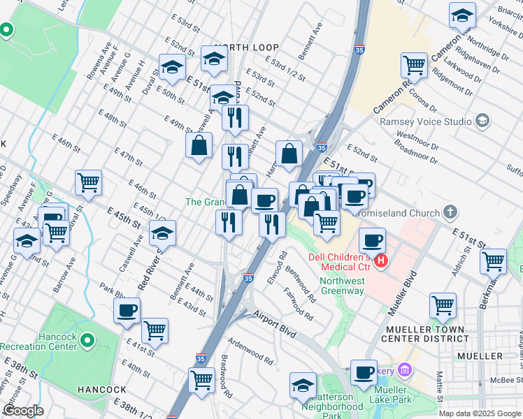 map of restaurants, bars, coffee shops, grocery stores, and more near 4719 Harmon Avenue in Austin