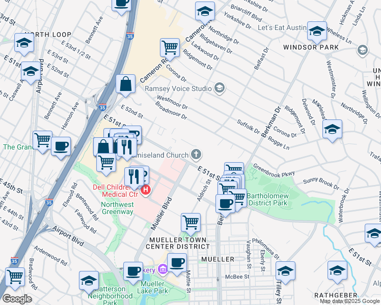 map of restaurants, bars, coffee shops, grocery stores, and more near 1418 East 51st Street in Austin