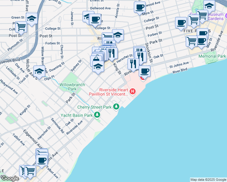 map of restaurants, bars, coffee shops, grocery stores, and more near 2761 Saint Johns Avenue in Jacksonville