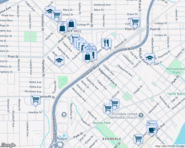 map of restaurants, bars, coffee shops, grocery stores, and more near Talbot Avenue in Jacksonville