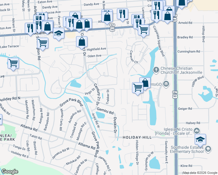map of restaurants, bars, coffee shops, grocery stores, and more near 711 Trekker Street in Jacksonville