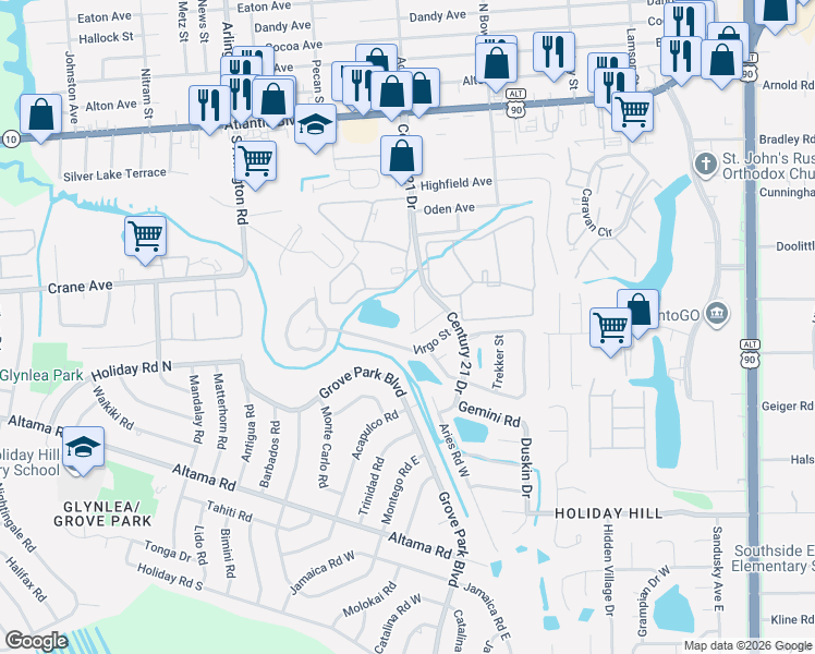 map of restaurants, bars, coffee shops, grocery stores, and more near 8053 Virgo Street in Jacksonville