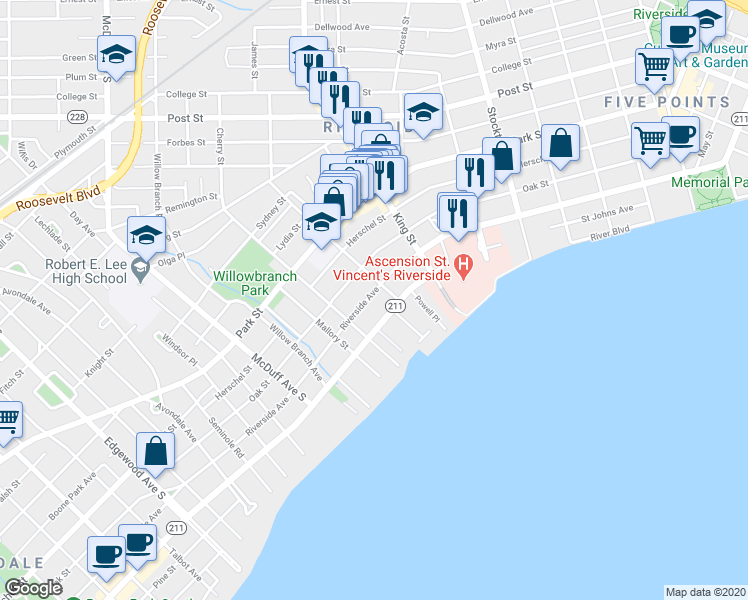 map of restaurants, bars, coffee shops, grocery stores, and more near 2810 Riverside Avenue in Jacksonville