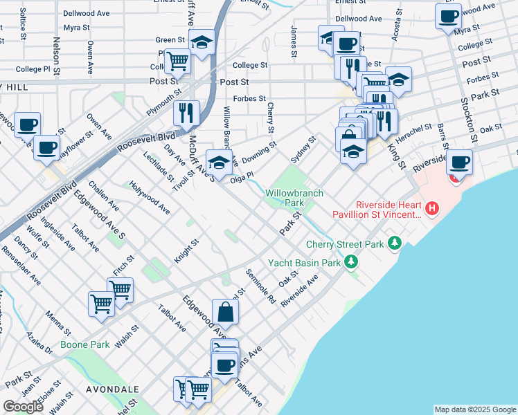 map of restaurants, bars, coffee shops, grocery stores, and more near 1321 McDuff Avenue South in Jacksonville