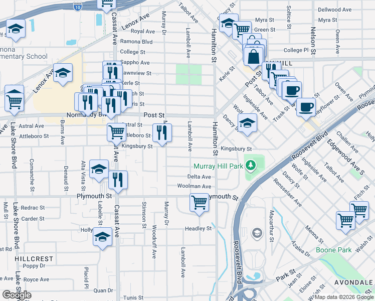 map of restaurants, bars, coffee shops, grocery stores, and more near 4602 Hercules Avenue in Jacksonville