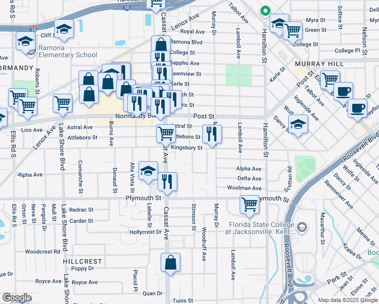 map of restaurants, bars, coffee shops, grocery stores, and more near in Jacksonville