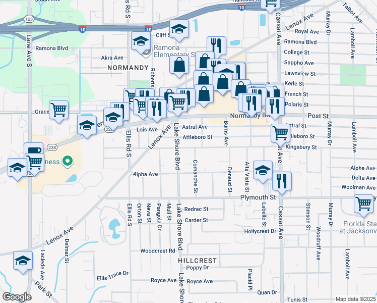 map of restaurants, bars, coffee shops, grocery stores, and more near 1122 Comanche Street in Jacksonville