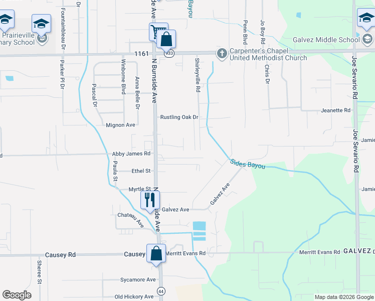 map of restaurants, bars, coffee shops, grocery stores, and more near 13 Agnes Segura Road in Prairieville