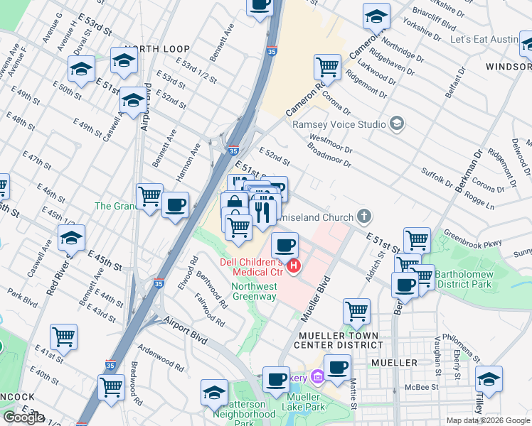 map of restaurants, bars, coffee shops, grocery stores, and more near 1295 Barbara Jordan Boulevard in Austin