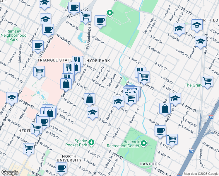 map of restaurants, bars, coffee shops, grocery stores, and more near in Austin