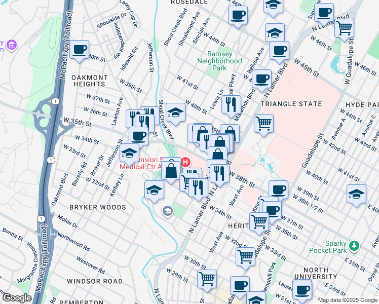 map of restaurants, bars, coffee shops, grocery stores, and more near 1301 West 38th Street in Austin