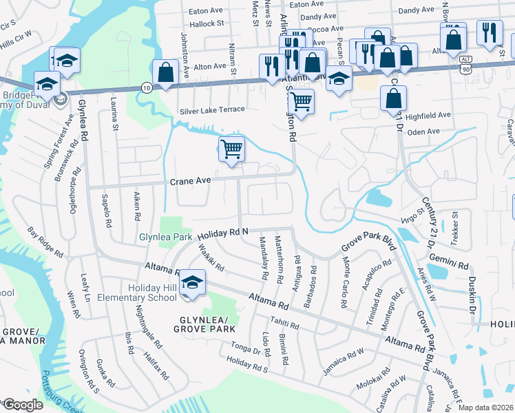 map of restaurants, bars, coffee shops, grocery stores, and more near 7212 Holiday Hill Court in Jacksonville