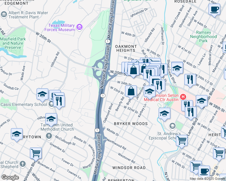 map of restaurants, bars, coffee shops, grocery stores, and more near 1905 West 33rd Street in Austin