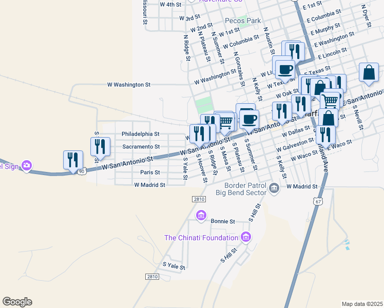 map of restaurants, bars, coffee shops, grocery stores, and more near South Yale Street in Marfa