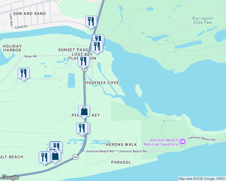 map of restaurants, bars, coffee shops, grocery stores, and more near 6117 Siguenza Drive in Pensacola