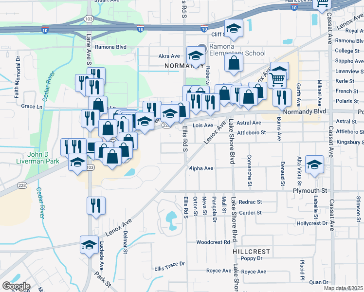 map of restaurants, bars, coffee shops, grocery stores, and more near 1104 Ellis Road South in Jacksonville