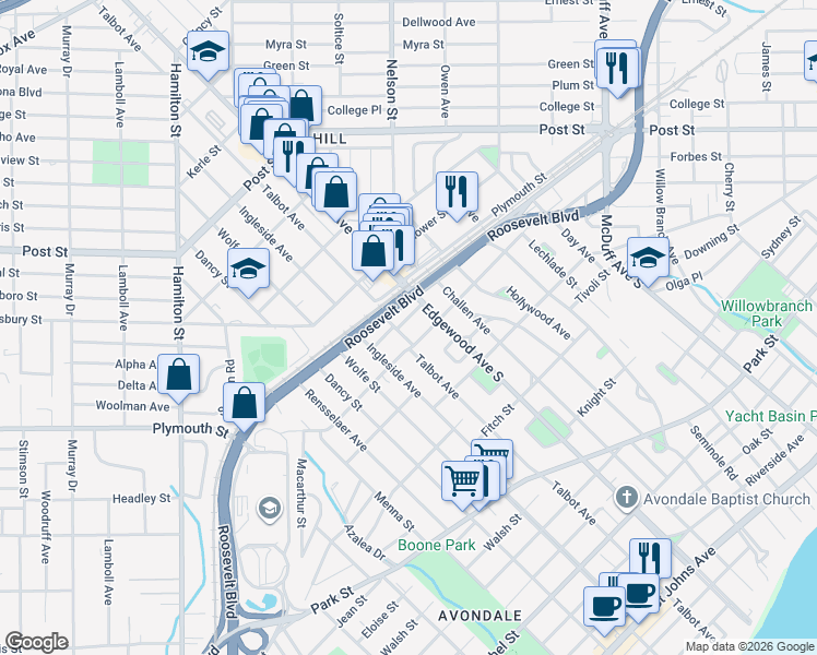 map of restaurants, bars, coffee shops, grocery stores, and more near 3530 Ola Street in Jacksonville