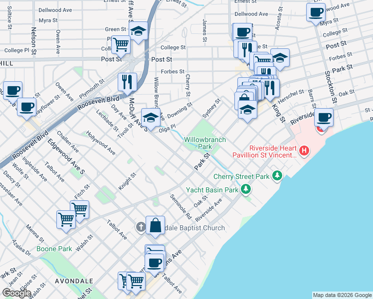 map of restaurants, bars, coffee shops, grocery stores, and more near 1312 Willow Branch Avenue in Jacksonville