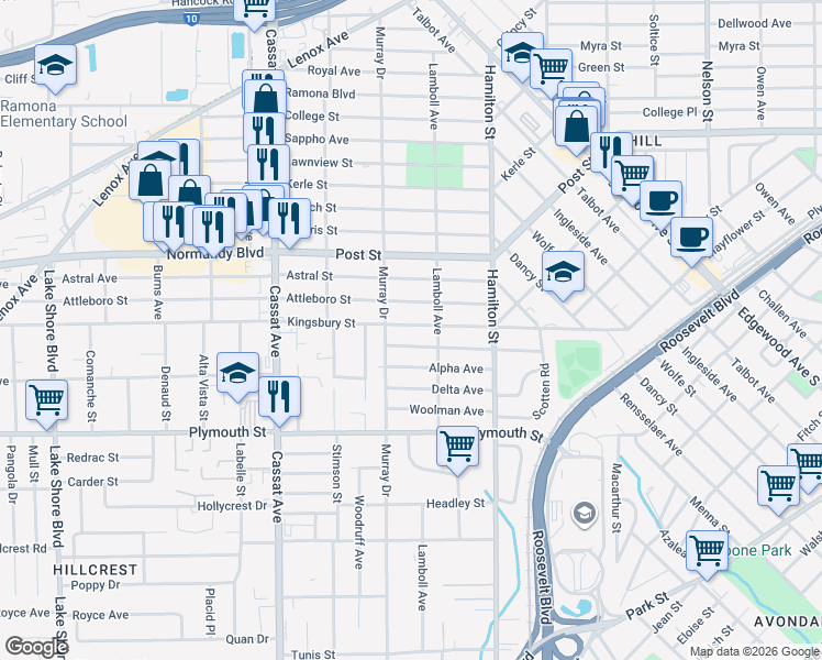 map of restaurants, bars, coffee shops, grocery stores, and more near 4634 Kingsbury Street in Jacksonville