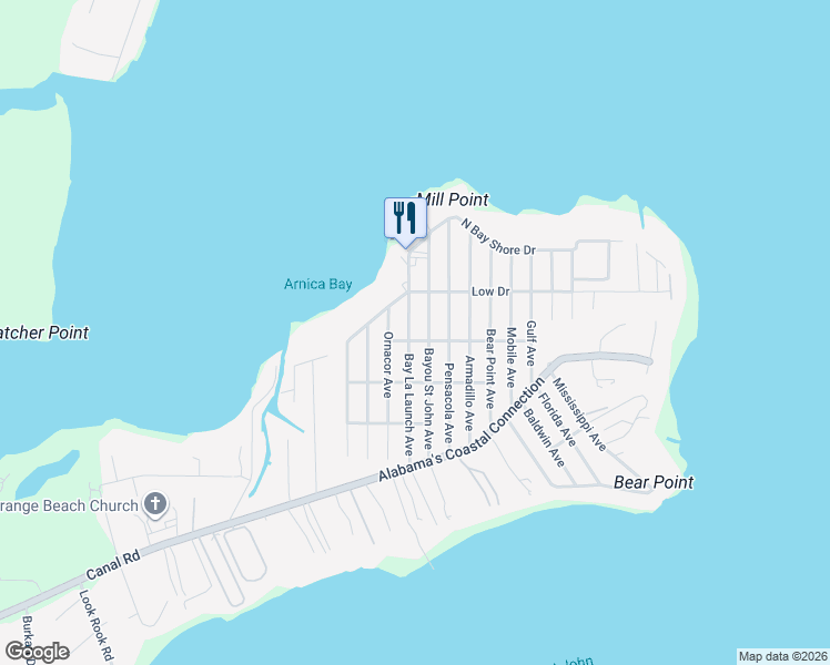 map of restaurants, bars, coffee shops, grocery stores, and more near 5487-5499 Bayou Saint John Avenue in Orange Beach