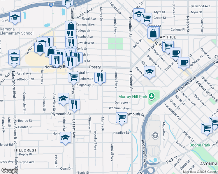 map of restaurants, bars, coffee shops, grocery stores, and more near 4634 Kingsbury Street in Jacksonville