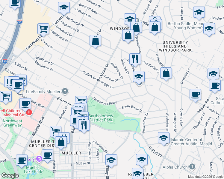 map of restaurants, bars, coffee shops, grocery stores, and more near 1807 Rogge Lane in Austin