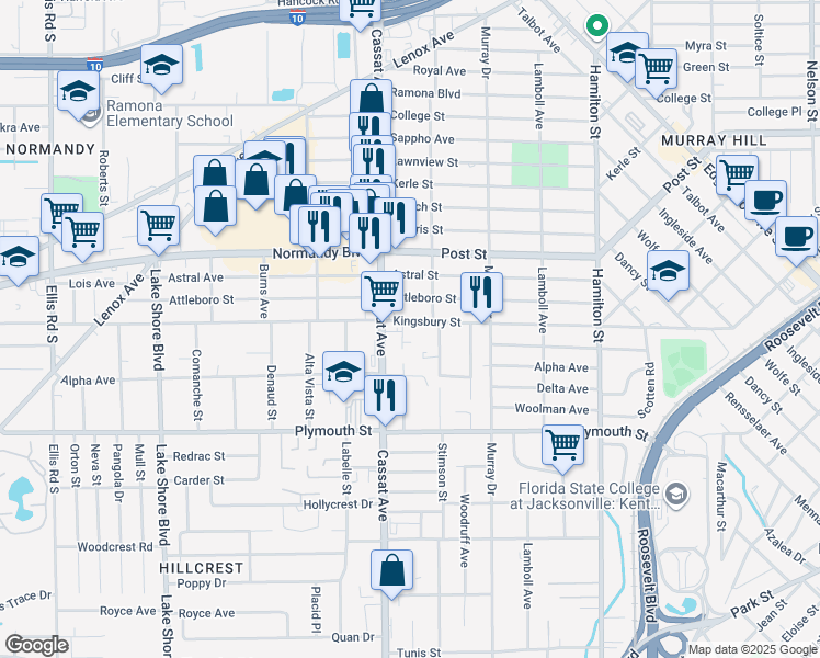 map of restaurants, bars, coffee shops, grocery stores, and more near in Jacksonville