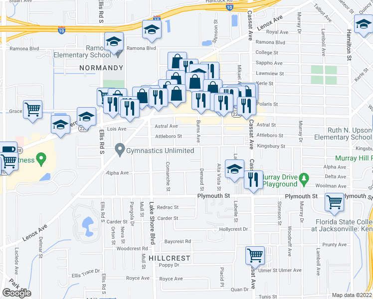map of restaurants, bars, coffee shops, grocery stores, and more near 5226 Kingsbury Street in Jacksonville