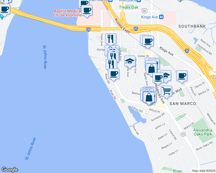 map of restaurants, bars, coffee shops, grocery stores, and more near 1710 River Road in Jacksonville