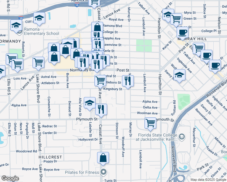 map of restaurants, bars, coffee shops, grocery stores, and more near 4806 Kingsbury Street in Jacksonville