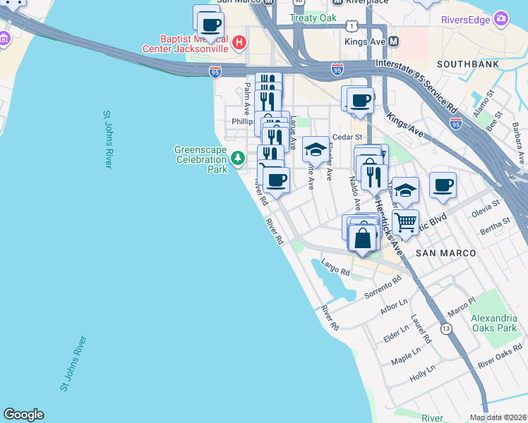 map of restaurants, bars, coffee shops, grocery stores, and more near 1720 River Road in Jacksonville