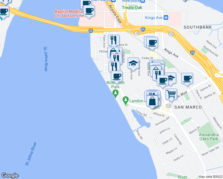 map of restaurants, bars, coffee shops, grocery stores, and more near 1720 River Road in Jacksonville